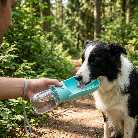 Border Collie drinking from the Flip & Sip dog water bottle on a forest trail