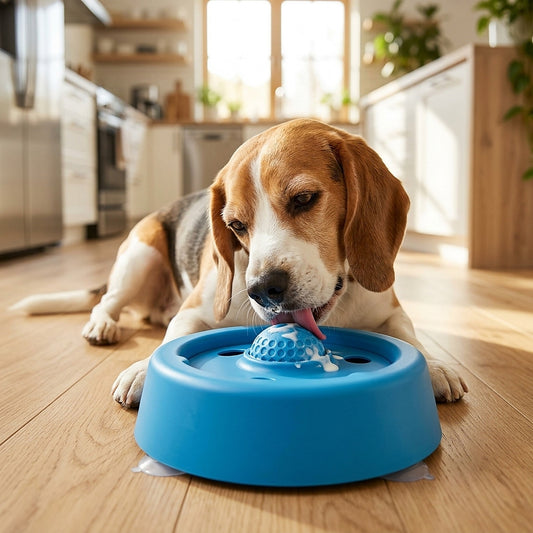 Beagle licking yogurt from the blue Lick & Roll slow feeder bowl in a sunny kitchen