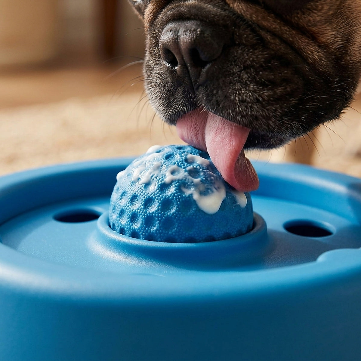 Dog licking the rolling ball of the Lick & Roll bowl, close-up