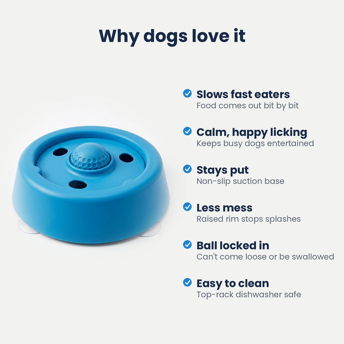 Why dogs love the Lick & Roll bowl: slows fast eaters, stays put, easy to clean