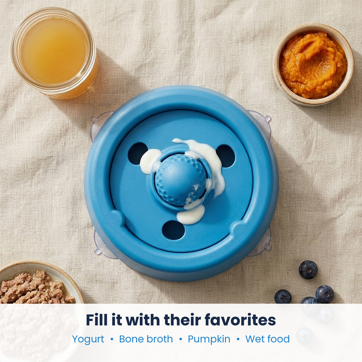 Lick & Roll bowl with yogurt, bone broth, pumpkin and wet food filling ideas