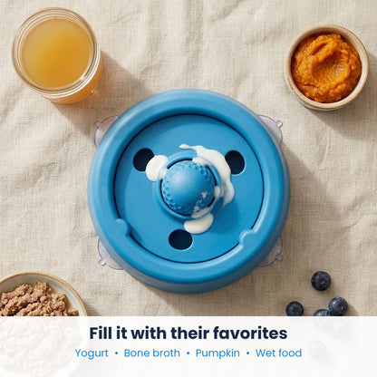 Lick & Roll bowl with yogurt, bone broth, pumpkin and wet food filling ideas